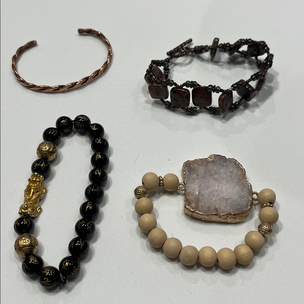 Boho Bracelet Lot – Druzy Quartz, Pixiu, Copper & Stone (4 Pieces)
